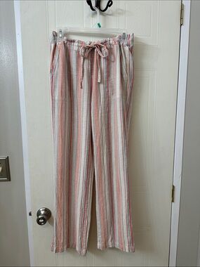 Per Se Linen Striped Flare Pants for Women in Coral, Blue & Cream w/Pockets
